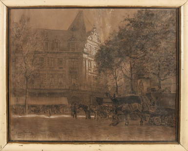 Louis Soonius. 1923. 1883 - 1956. Cityscape with: Louis Soonius. 1923. 1883 - 1956. Cityscape with carriages and figures. Charcoal on paper. Size: 58 x 46 cm. In decent shape.