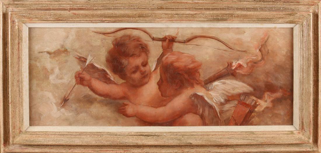Unsigned. Circa 1800. Two Amors with bow and arrow. Oil: Unsigned. Circa 1800. Two Amors with bow and arrow. Oil paint on linen. Size: 63 x 24 cm. In good condition.