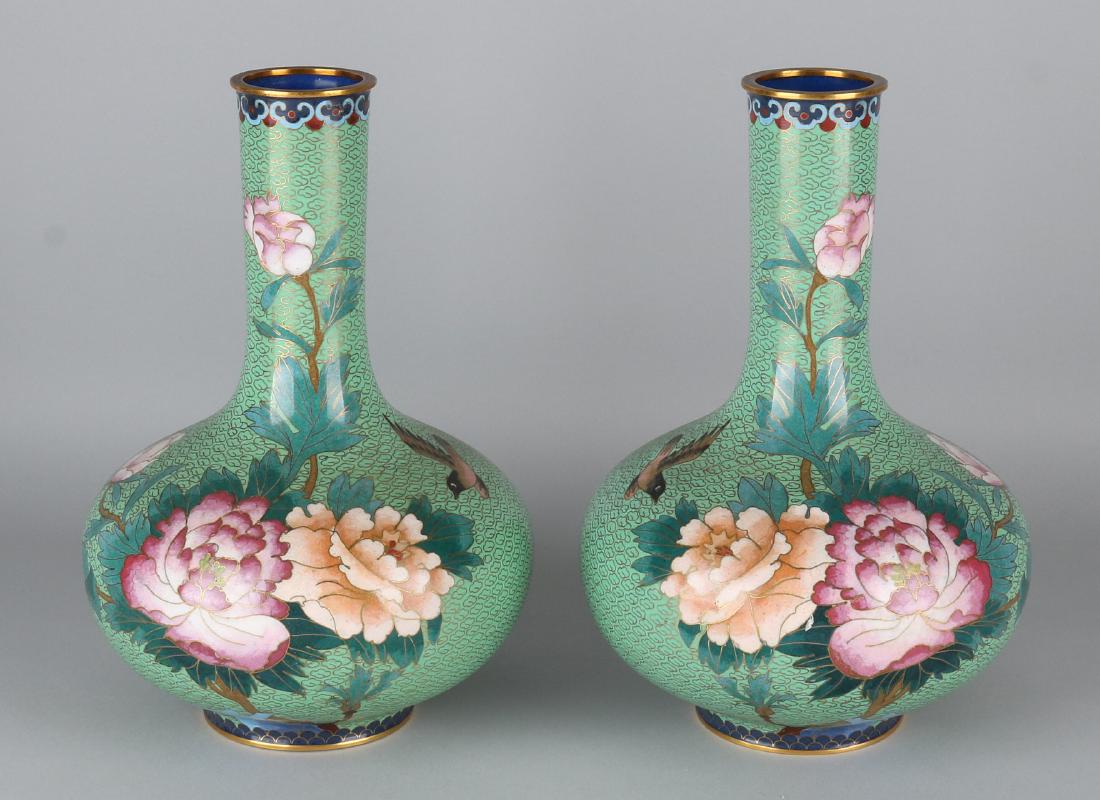 Two Old Japanese Cloisonne Pipe Vases With Peonies And Oct 13