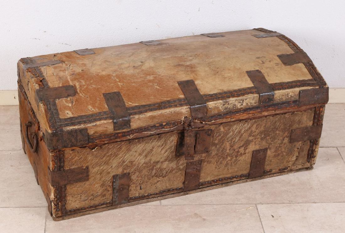 17th - 18th Century French spruce travel chest with: 17th - 18th Century French spruce travel chest with original fittings, leather and lock. Size: 36 x 84 x 44 cm. In good condition.