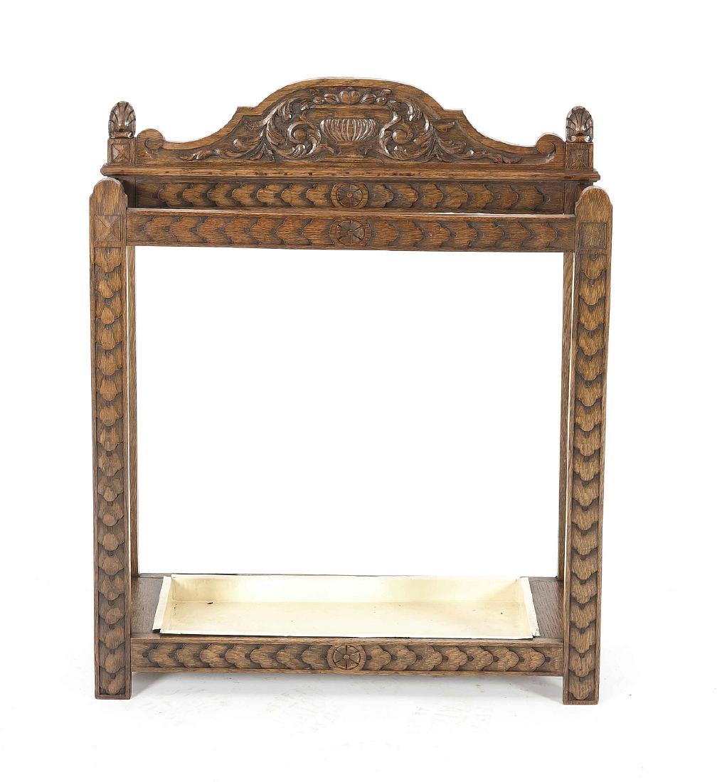 Antique Oak Umbrella Holder With Drip Tray And Carving.