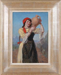 Louis Soonius. 1917. 1883 - 1956. Mediterranean woman: Louis Soonius. 1917. 1883 - 1956. Mediterranean woman with jug. Oil paint on panel. Dimensions: 25 x 36 cm. In good condition.