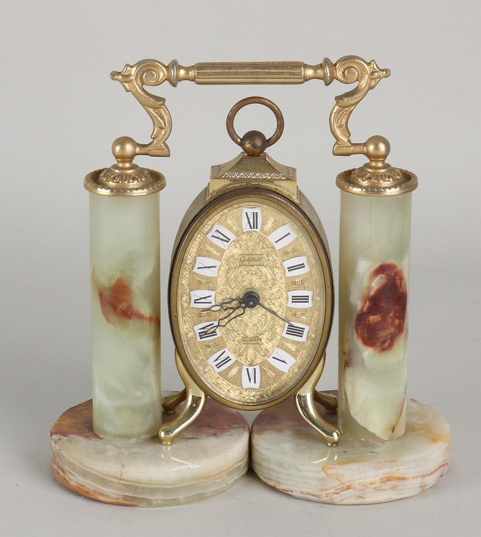 German onyx desk alarm clock. Marked Goldbühl West: German onyx desk alarm clock. Marked Goldbühl West Germany. 70s. Dimensions: 15 x 14 x 7 cm. In good condition.