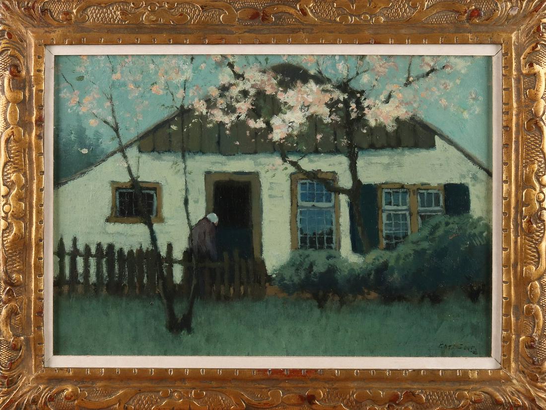Chris Soer. 1882 - 1961. Farmhouse with farmer and: Chris Soer. 1882 - 1961. Farmhouse with farmer and apple blossom. Oil on linen. Size: 26 x H, B 36 cm. In good condition.