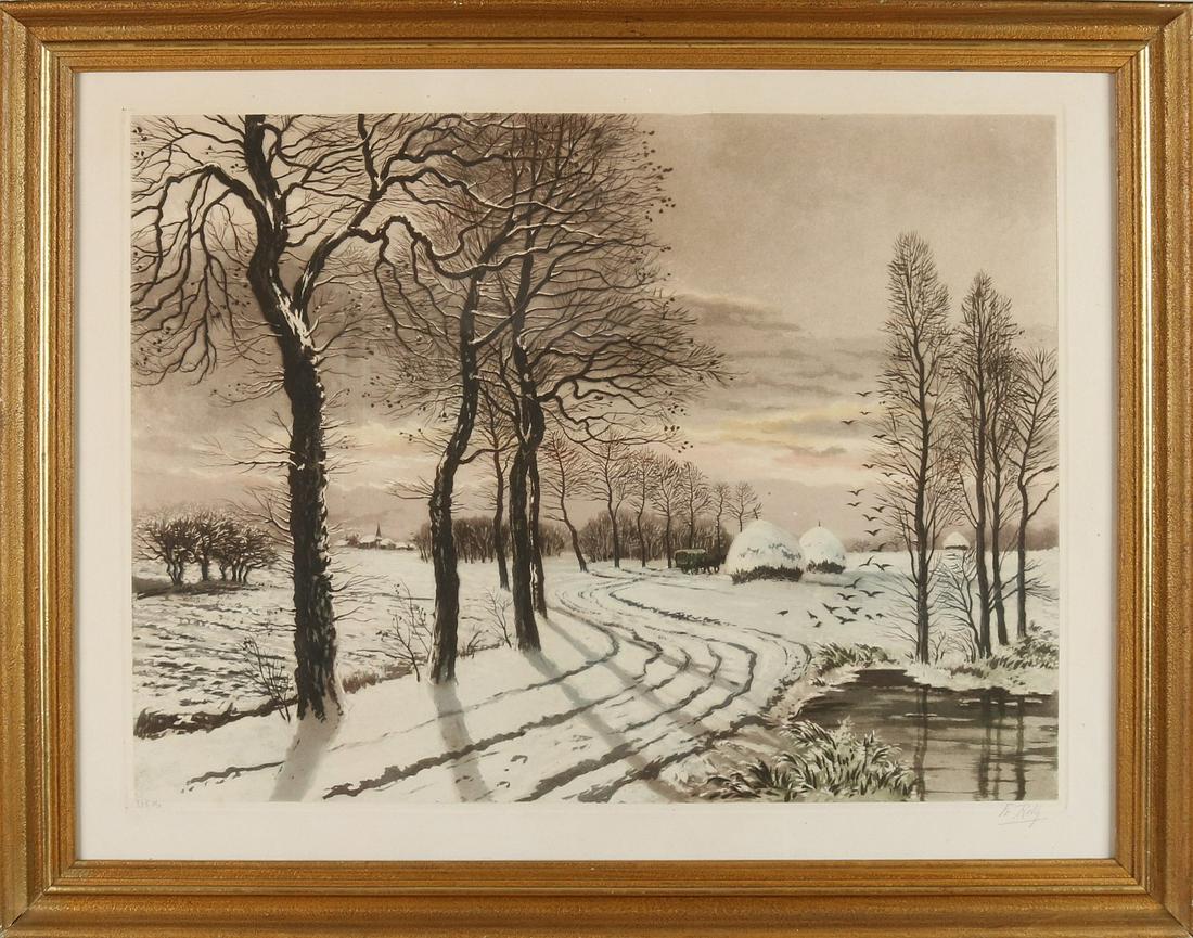 Frank Roth. Colored etching. German School. Winter: Frank Roth. Colored etching. German School. Winter landscape. Etching on paper. Size: 48 x H, B 63 cm. In good condition.