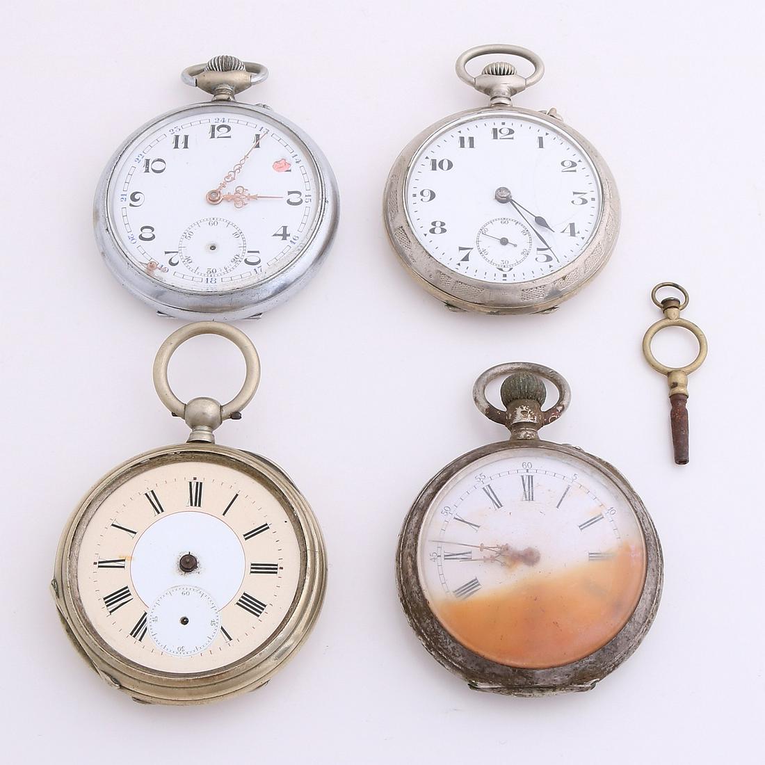 Lot 4 pocket watches, silver and white metal. A watch (1 of 1)