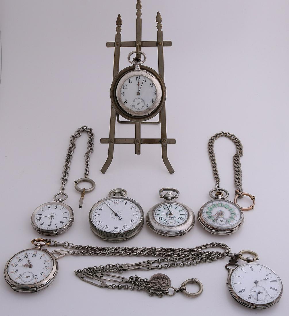 Lot 6 antique pocket watches, stop watch and a holder. (1 of 1)