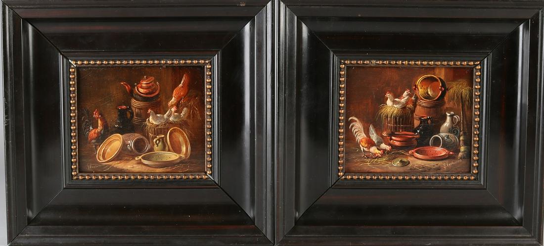 Albertus Verhoesen. Pendant. 1806 - 1881. Two times: Albertus Verhoesen. Pendant. 1806 - 1881. Two times stable interiors with chickens, pottery jars, et cetera. Oil paint on panel. Size: H 10.3 x W 12.5 cm. In good condition.
