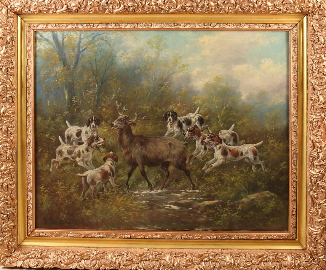 Painting bears signature H Schouten ca 1900 deer (1 of 1)