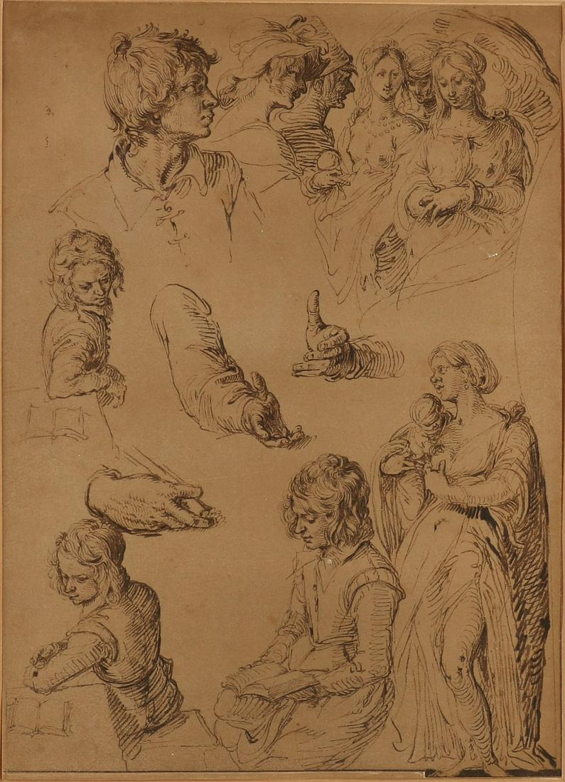 Unsigned. 17th - 18th Century. Sepia study drawing. (1 of 2)