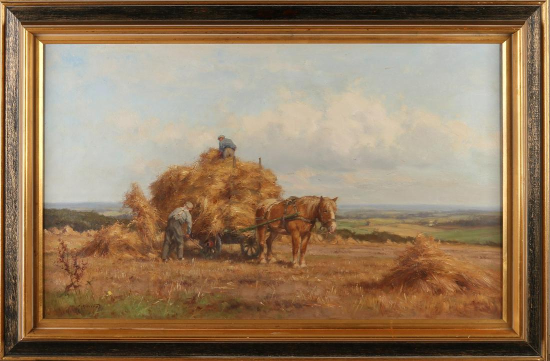 Jan Holtrop. 1917 - 1995.Boeren by horse and carriage: Jan Holtrop. 1917 - 1995.Boeren by horse and carriage corn harvesting. Oil on linen. Size: 51x 81 cm. In good condition.