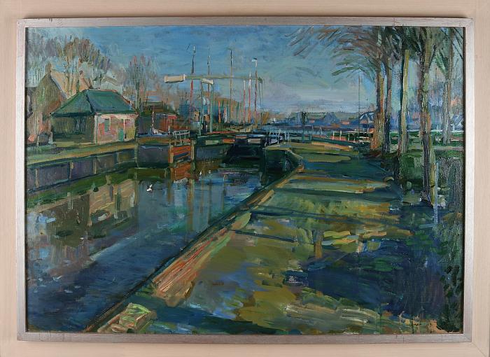 John Swan. 1953 -. View Zwartsluis. Oil on linen.: John Swan. 1953 -. View Zwartsluis. Oil on linen. Dimensions: H 70 x W 100 cm. In good condition.