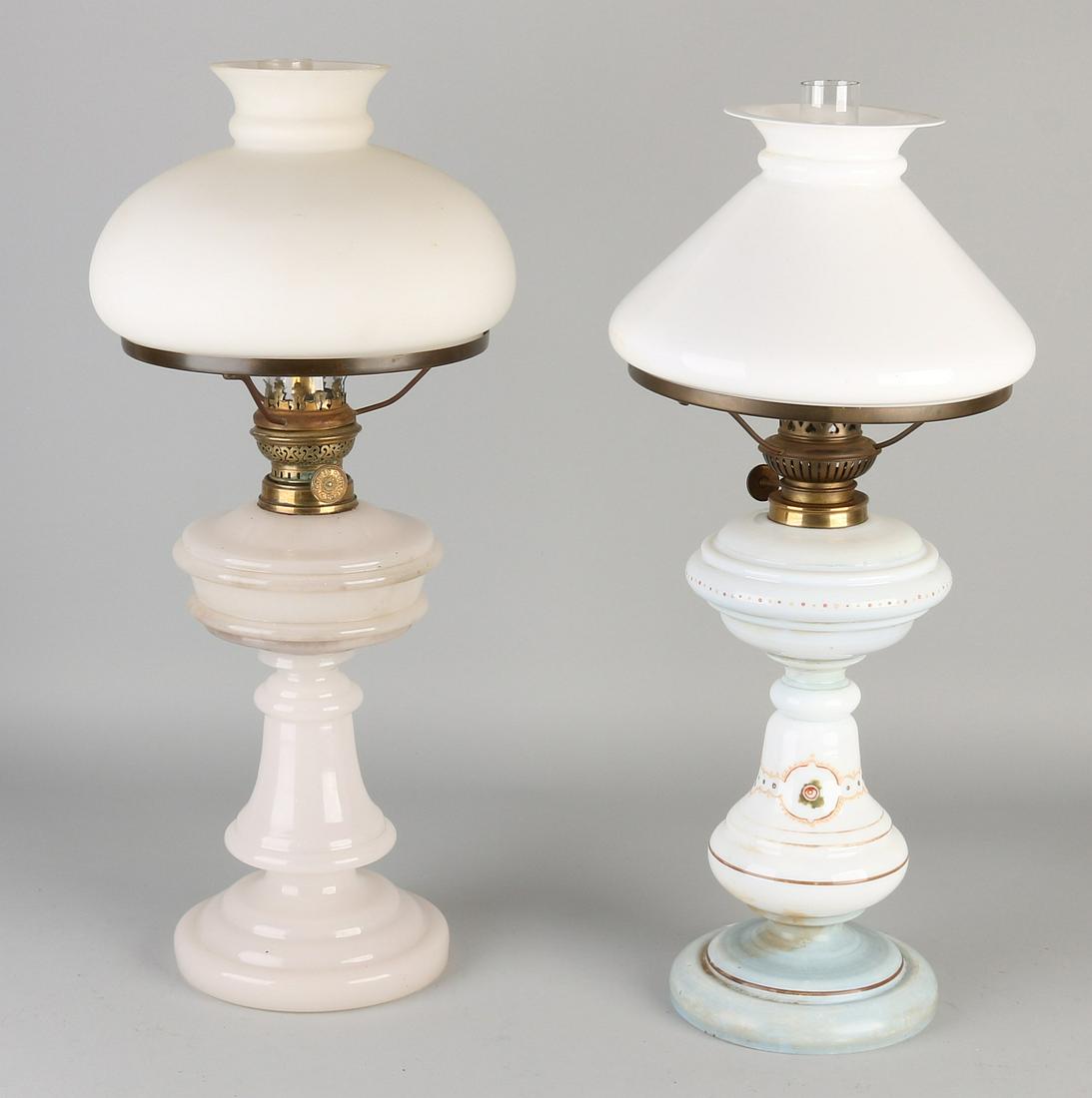 Two antique opaline glass table kerosene lamps. Circa (1 of 1)