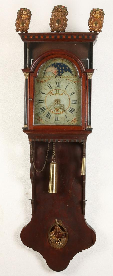 Antique Frisian clock with double cap. Circa 1800.: Antique Frisian clock with double cap. Circa 1800. Louis Seize. Percussion on double bubble and moon phase. Nice original dial. miss behind-glass paintings. Size: 160 cm. Otherwise in good condition.