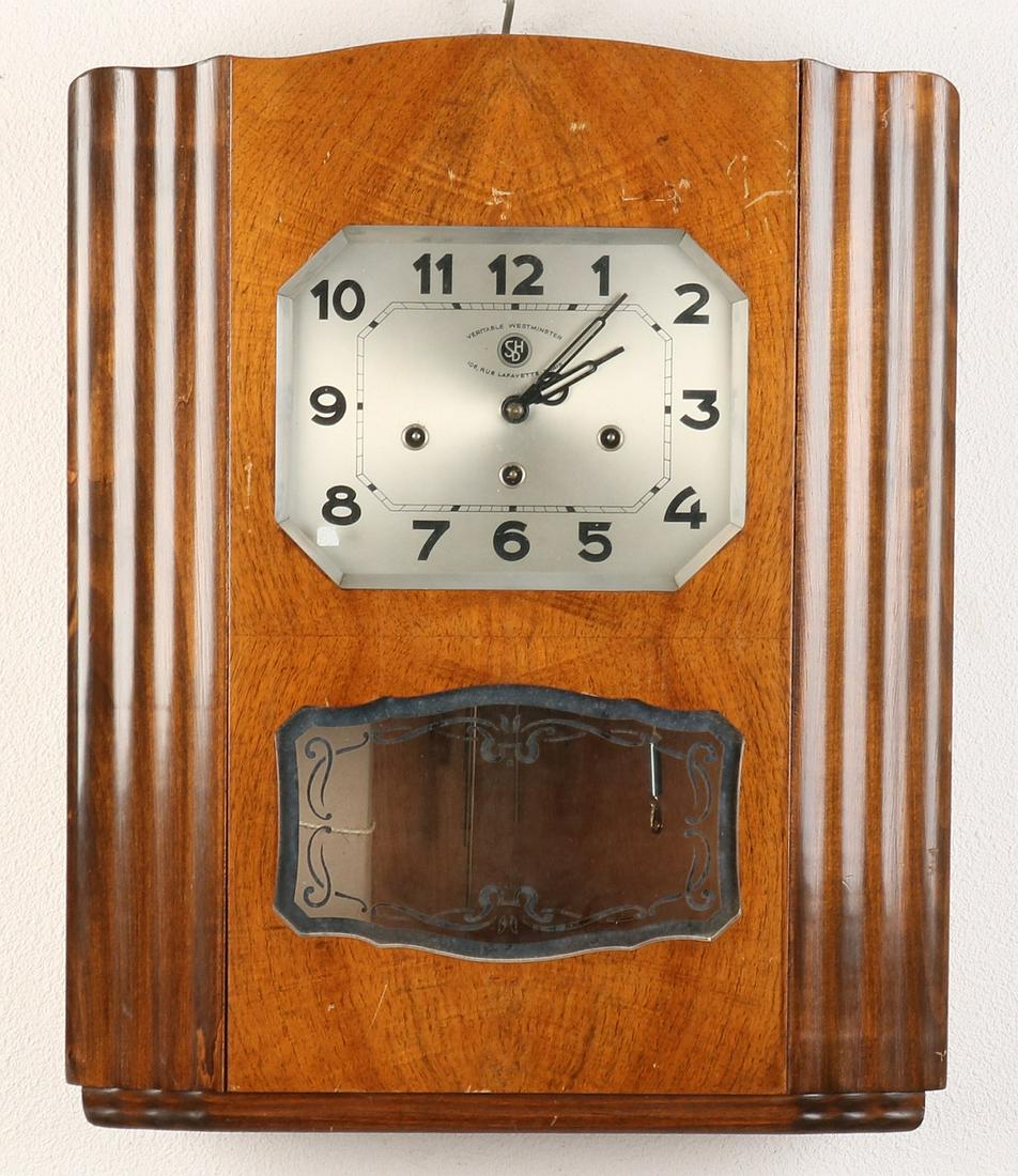 French Art Deco walnut wall clock with (1 of 1)