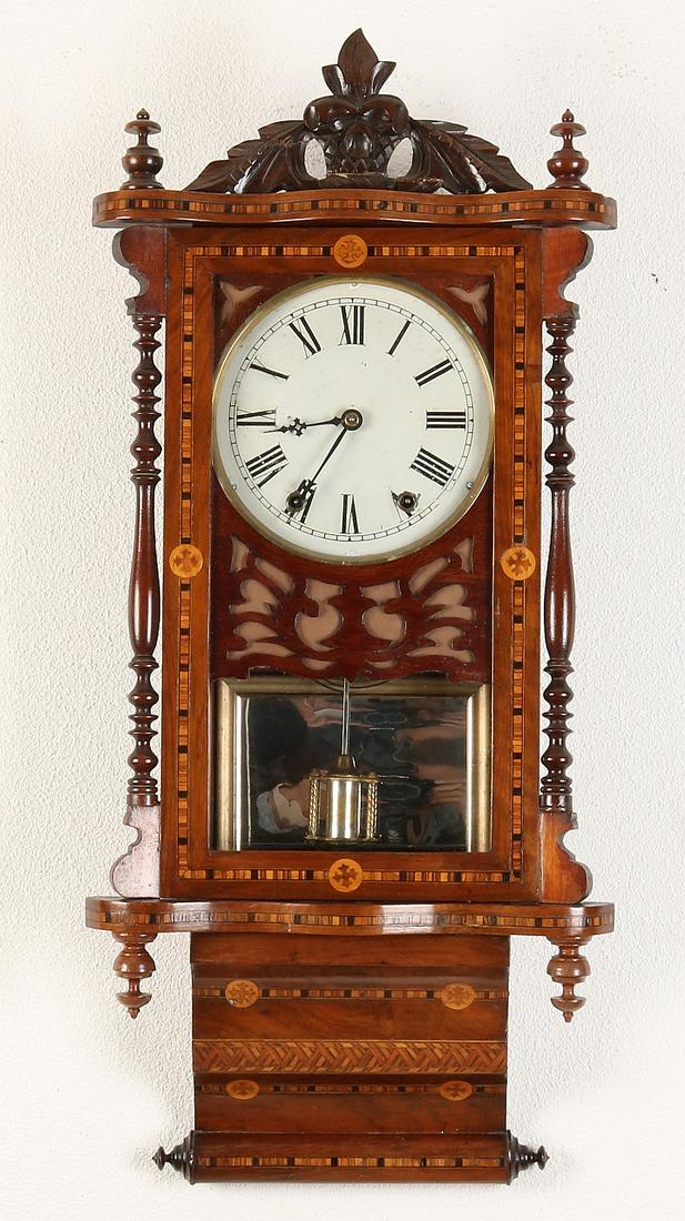 American antique wall clock with intarsia. Circa 1910. (1 of 1)
