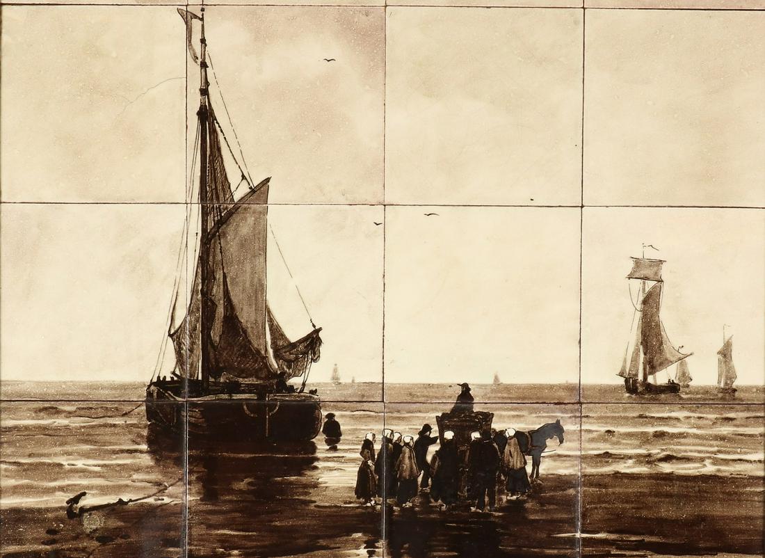 Large antique Rozenburg - The Hague porcelain tile: Large antique Rozenburg - The Hague porcelain tile picture to painting H.W. Mesdag. Painter K. Old hairline crack in tile. Size: 92 x H, B 62 cm. In good condition.