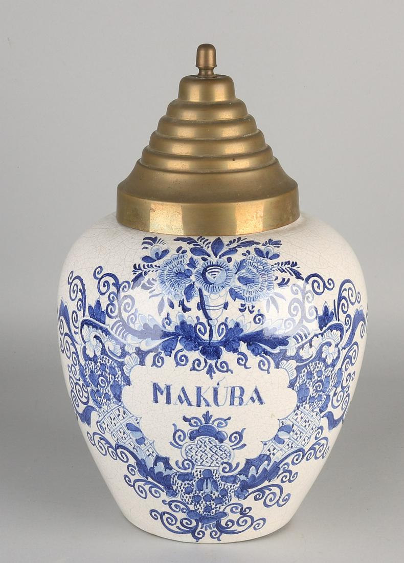 Large antique Delft Fayence tobacco jar with brass (1 of 1)