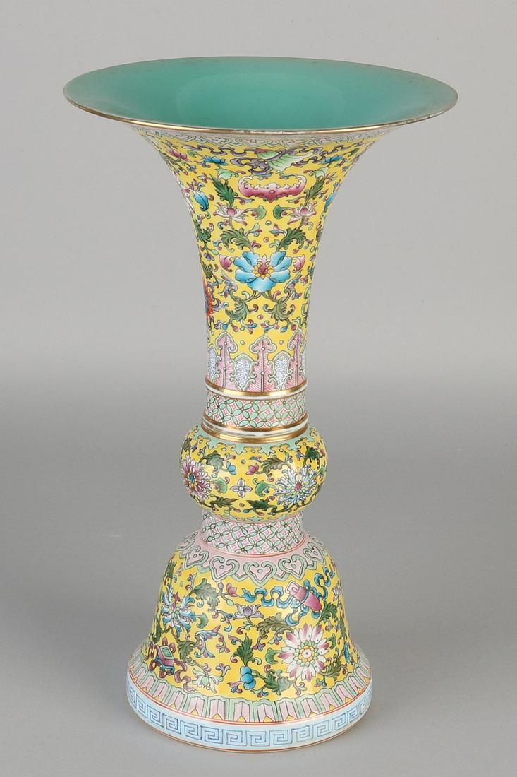 Large Chinese porcelain trumpet-shaped vase with yellow (1 of 3)