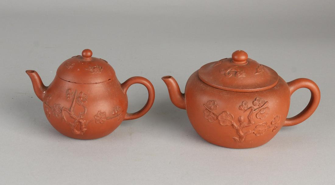 Two antique Chinese Yixing pull pots with flowering (1 of 2)