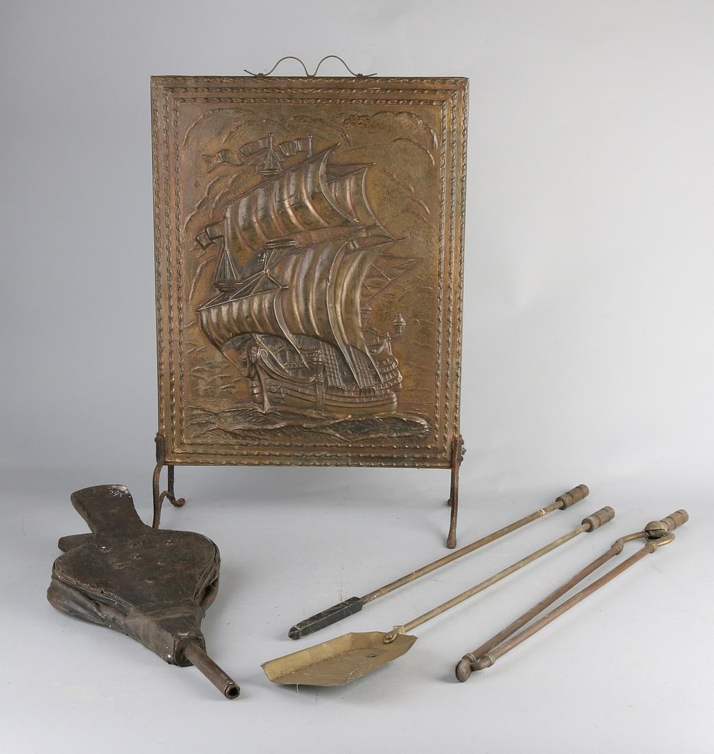 Antique fireplace set with fireplace screen. Copper (1 of 1)