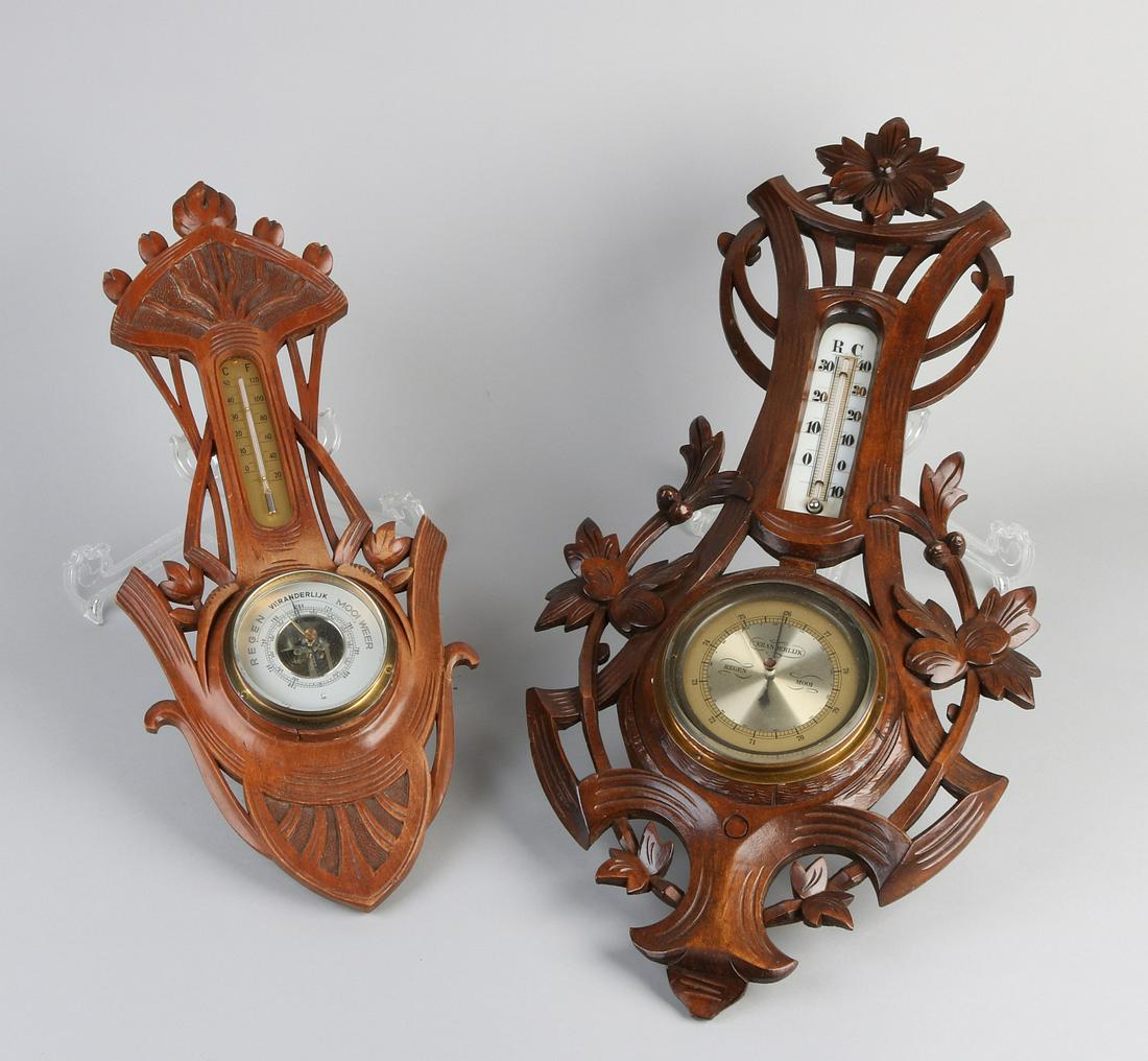Two antique wood-carved Art Nouveau barometers with (1 of 1)