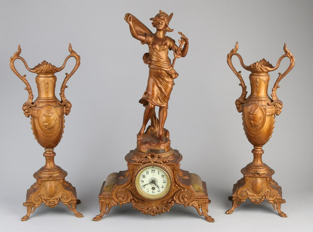 Antique French composition metal clock set with wood (1 of 1)