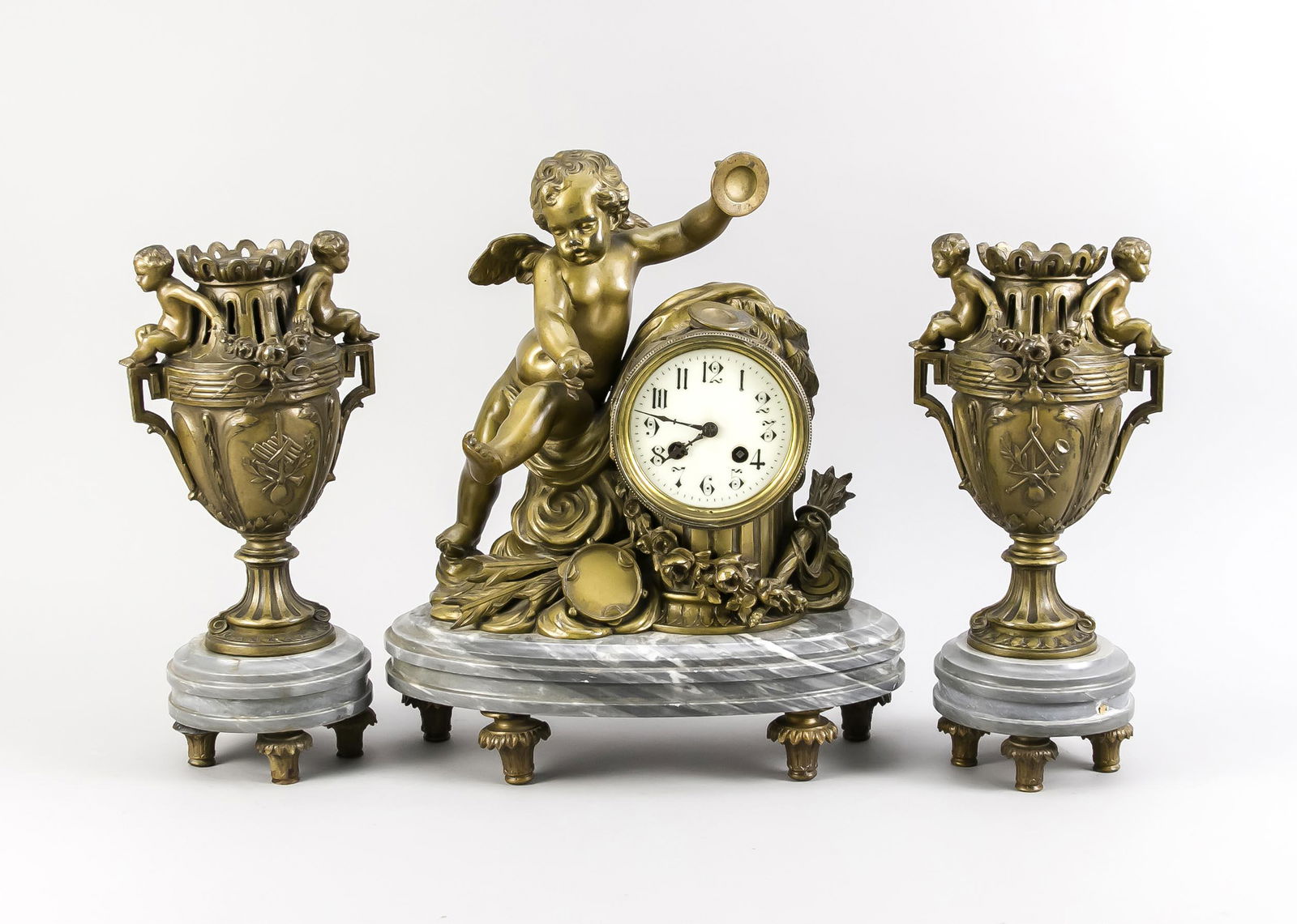 Three-piece antique French clock set with drum (1 of 1)