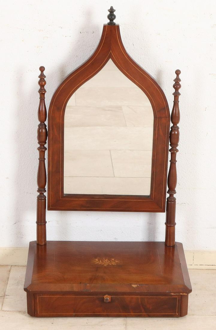 Antique 19th century English mahogany vanity mirror: Antique 19th century English mahogany vanity mirror with bandintarsia and drawer. Slight veneer damage. Dimensions: 84 x 45 x 31 cm. In good condition.
