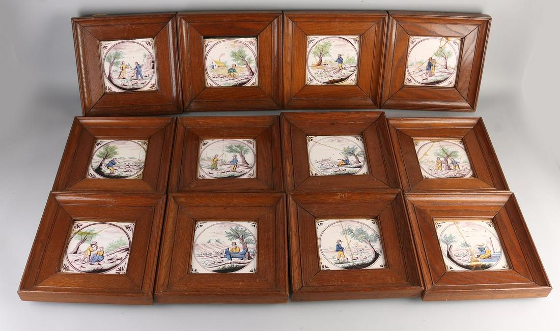 Lot of 12x 19th century colored Dutch wall tiles in oak (1 of 1)