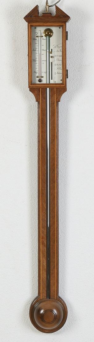 Beautiful English mahogany stick barometer with band: Beautiful English mahogany stick barometer with band intarsia. Second half of the 20th century. Size: L 97 cm. In good condition.