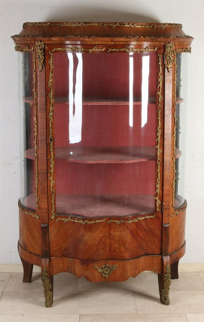 19th century French rosewood display case with bronze: 19th century French rosewood display case with bronze fittings, floral intarsia and curved glass one corner of glass is missing). Marble top is missing. In need of some restoration. Siz