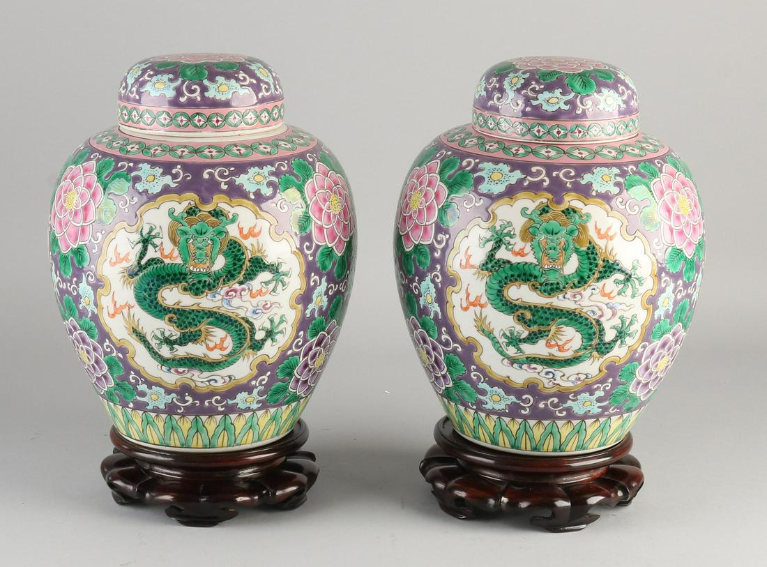 Two Chinese porcelain Family Rose covered pots with (1 of 3)