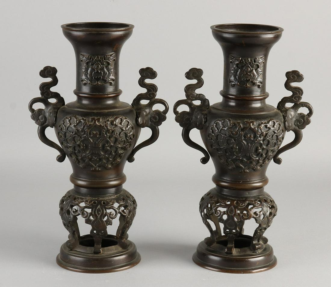 Two 19th century Japanese bronze vases with floral (1 of 1)