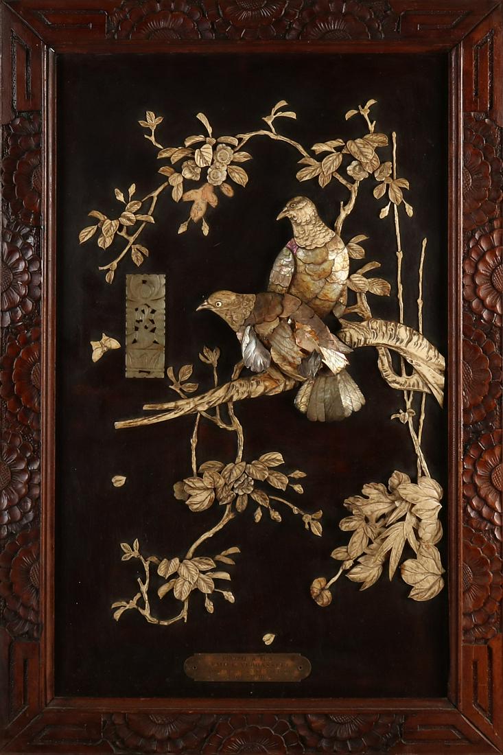 Antique Japanese lacquer panel with relief of bone,: Antique Japanese lacquer panel with relief of bone, mother-of-pearl and jade. Some damage. Size: 60 - 36 cm. In fair / good condition.