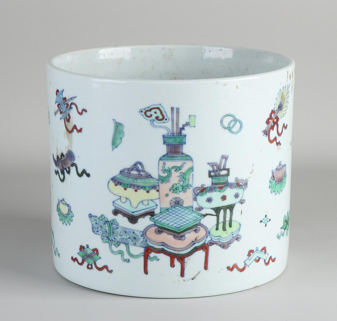 Large Chinese porcelain Ducai brush pot with valuables (1 of 3)