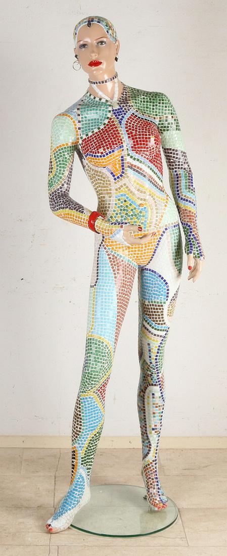 Life size modern art mannequin. Glued with: Life size modern art mannequin. Glued with hundreds of small ceramic tiles and decorated with jewelry. Art Nouveau style. Not signed. Mounted on glass base. Second half of the