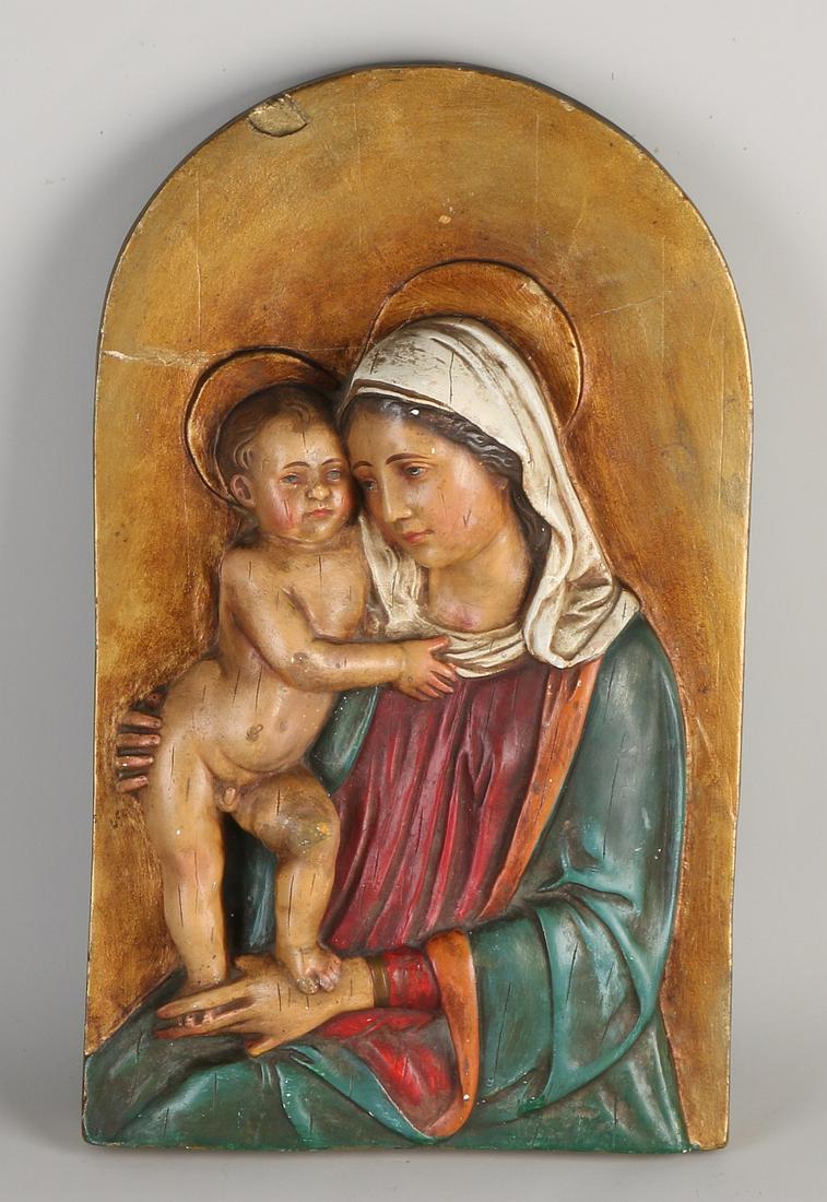 Antique plaster polychrome religious plaque. Circa: Antique plaster polychrome religious plaque. Circa 1900. Some damage. Size: 44 x 27 x 5 cm. In decent shape.