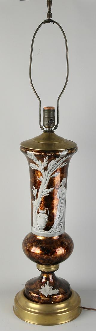 Large antique glass table lamp with rear glass: Large antique glass table lamp with rear glass painting. Circa 1900. Greek scene. Dimensions: H 93 cm. In good condition.