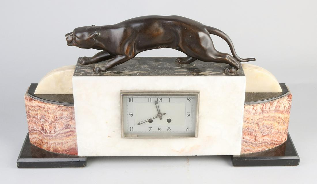 Large antique French marble clock with panther. : Large antique French marble clock with panther. Art Deco. Circa 1930. Eight-day movement, half-hourly strike, pendulum + bell missing, rest good. Size: 33 x 60 x 20 cm. In good con