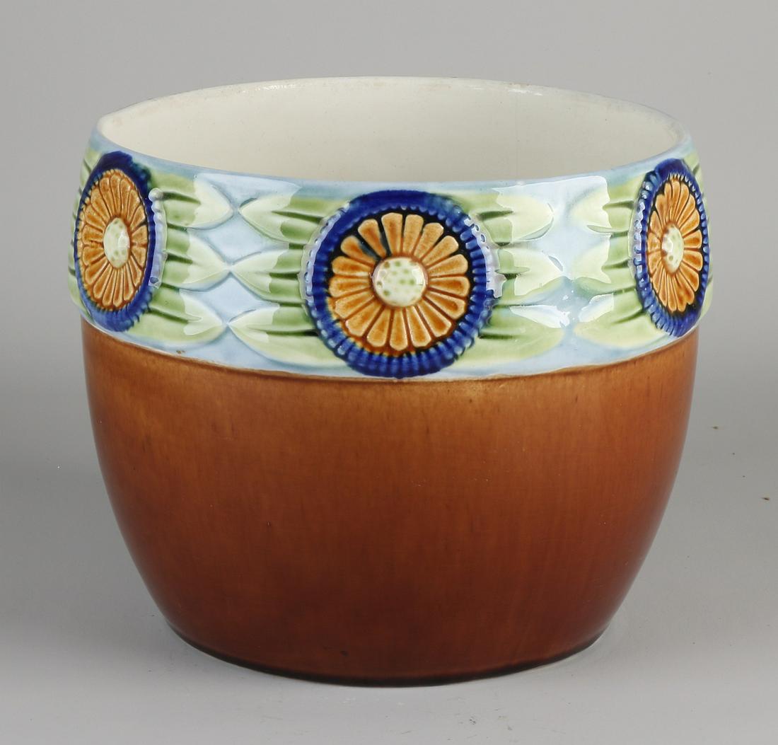 Antique Jugendstil polychrome Majolica flower pot with (1 of 2)