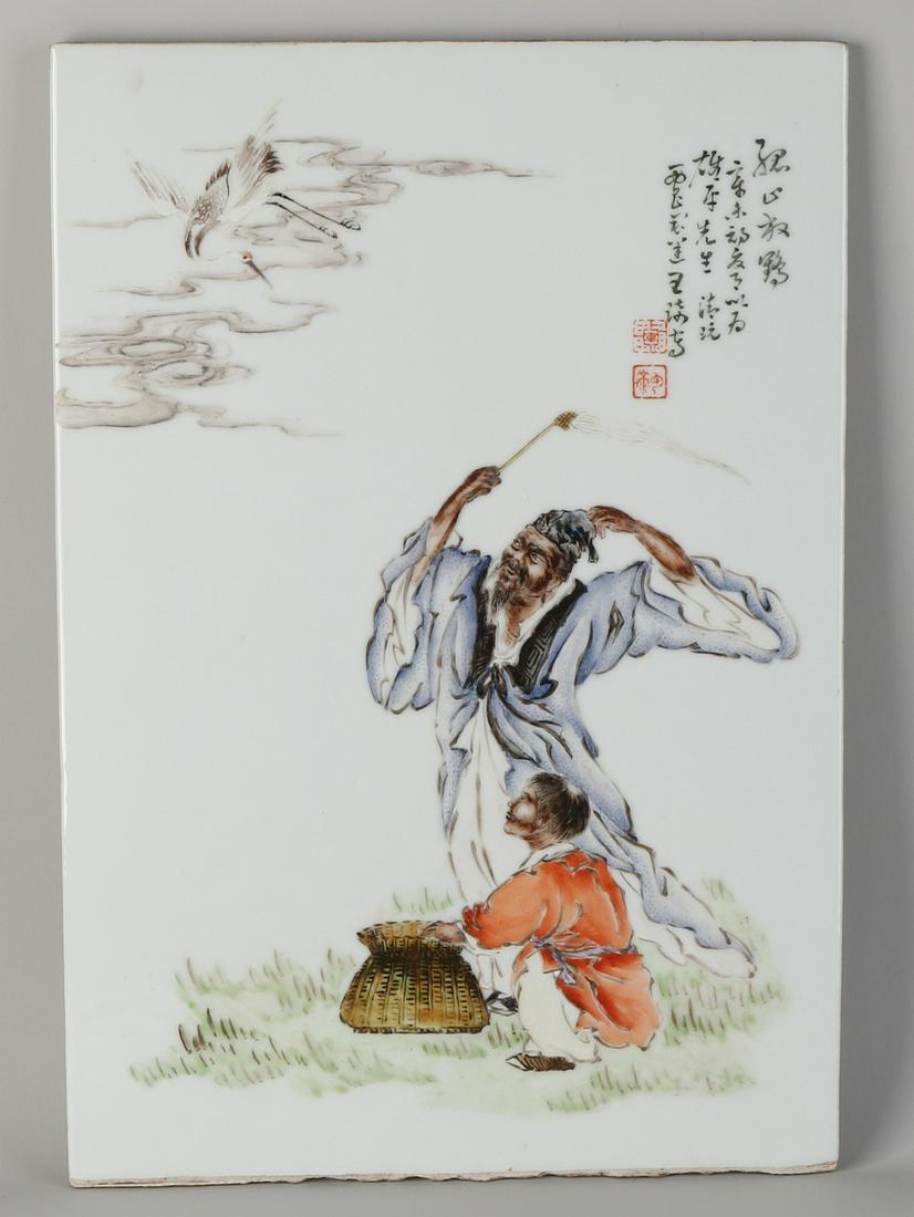 Large Chinese porcelain plaque depicting figures, crane (1 of 2)