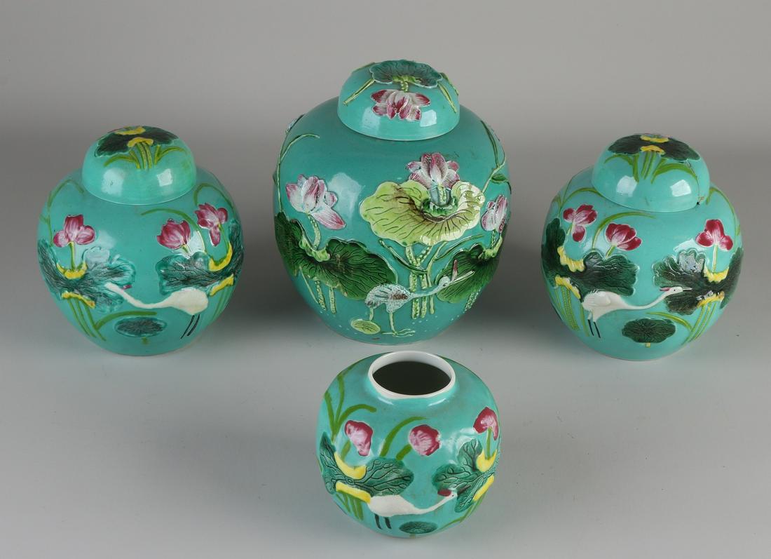 Four Chinese ginger jars with water birds / water lily (1 of 1)