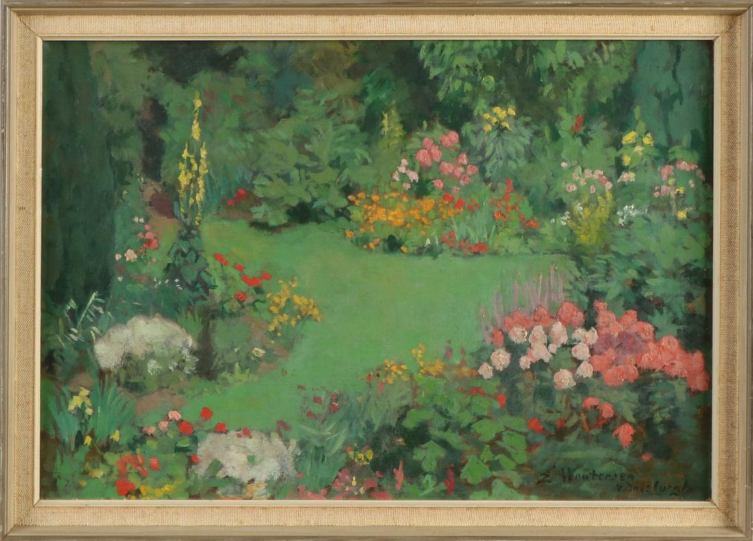 Elsa Wouterse van Doesburgh. 1875 - 1957. Garden view: Elsa Wouterse van Doesburgh. 1875 - 1957. Garden view with many flowers. Oil on linen. Dimensions: H 25 x W 36 cm. In good condition.