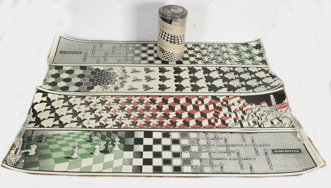 MC Escher. Metamorphosis. Tin with four lithographs.: MC Escher. Metamorphosis. Tin with four lithographs. Copyright 1973. JW Breughel USA etc etc. These four lithographs form one large work of H 4.20 meters. Title: Metamorphosis. Size: 23 x Ã˜ 13 mc. 