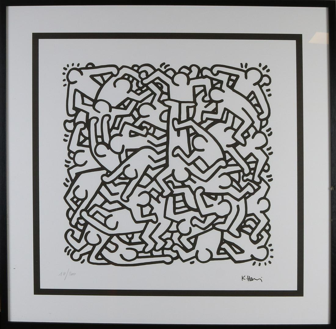 Keith Haring No. 18/200 possible emphasis. Many figures: Keith Haring No. 18/200 possible emphasis. Many figures entwined. Lithograph on paper. Dimensions: H 73 x W 70 cm. In good condition.