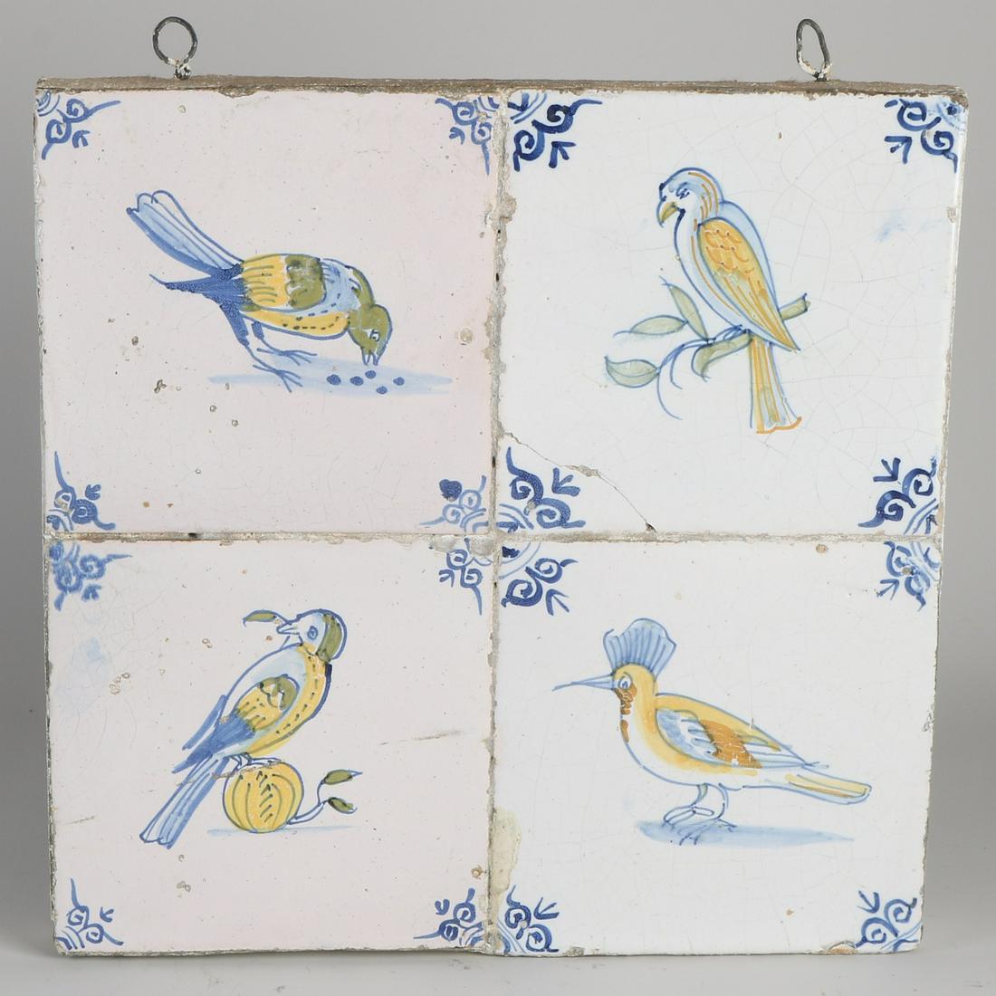 Dutch 17th century polychrome quatrefoil tile tableau: Dutch 17th century polychrome quatrefoil tile tableau with bird decoration. Damages. Size: 26 x 26 cm. In fair / good condition.