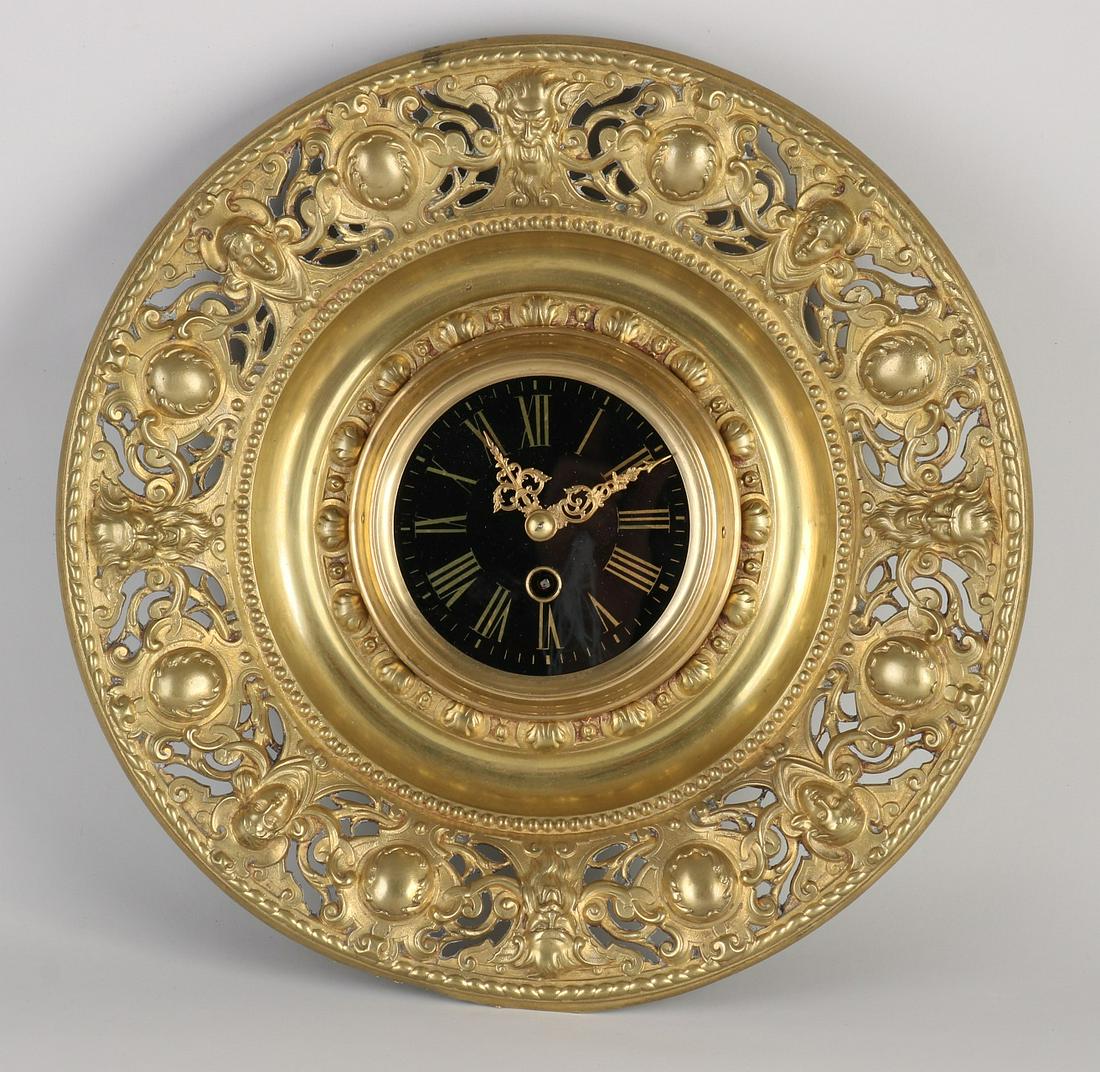 Heavy gilt bronze historic wall clock with eight-day: Heavy gilt bronze historic wall clock with eight-day silent movement. Neo-Renaissance. Circa 1880. Size: Ã˜ 36 cm. In good condition.