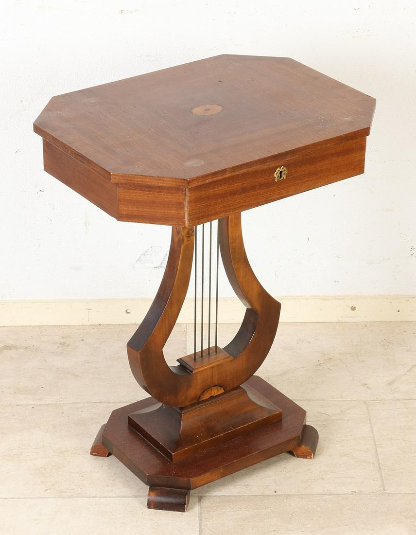 Antique mahogany lyra sewing table with intarsia and: Antique mahogany lyra sewing table with intarsia and drawer. Empire style. Circa 1900. Dimensions: 67 x 52 x 40 cm. In good condition.