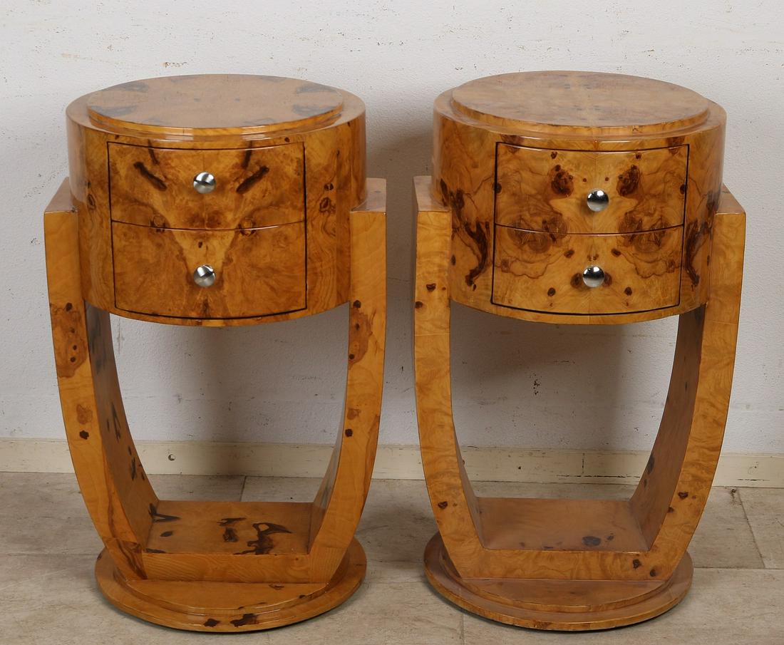 Two burr walnut Art Deco style bedside tables with two: Two burr walnut Art Deco style bedside tables with two drawers. 21st century. Dimensions: 73 x 44 x 40 cm. In good condition.